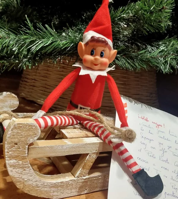 Elfo de navidad rojo sentado en trineo